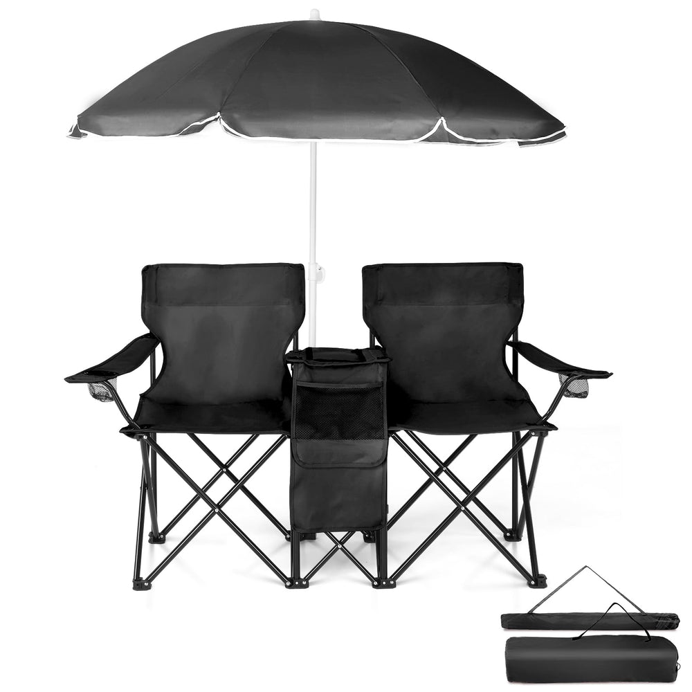Outvita folding double chair with umbrella shade offers outdoor comfort and sun protection.