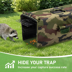Outvita live cage trap with camouflage cover demonstrates privacy during transport