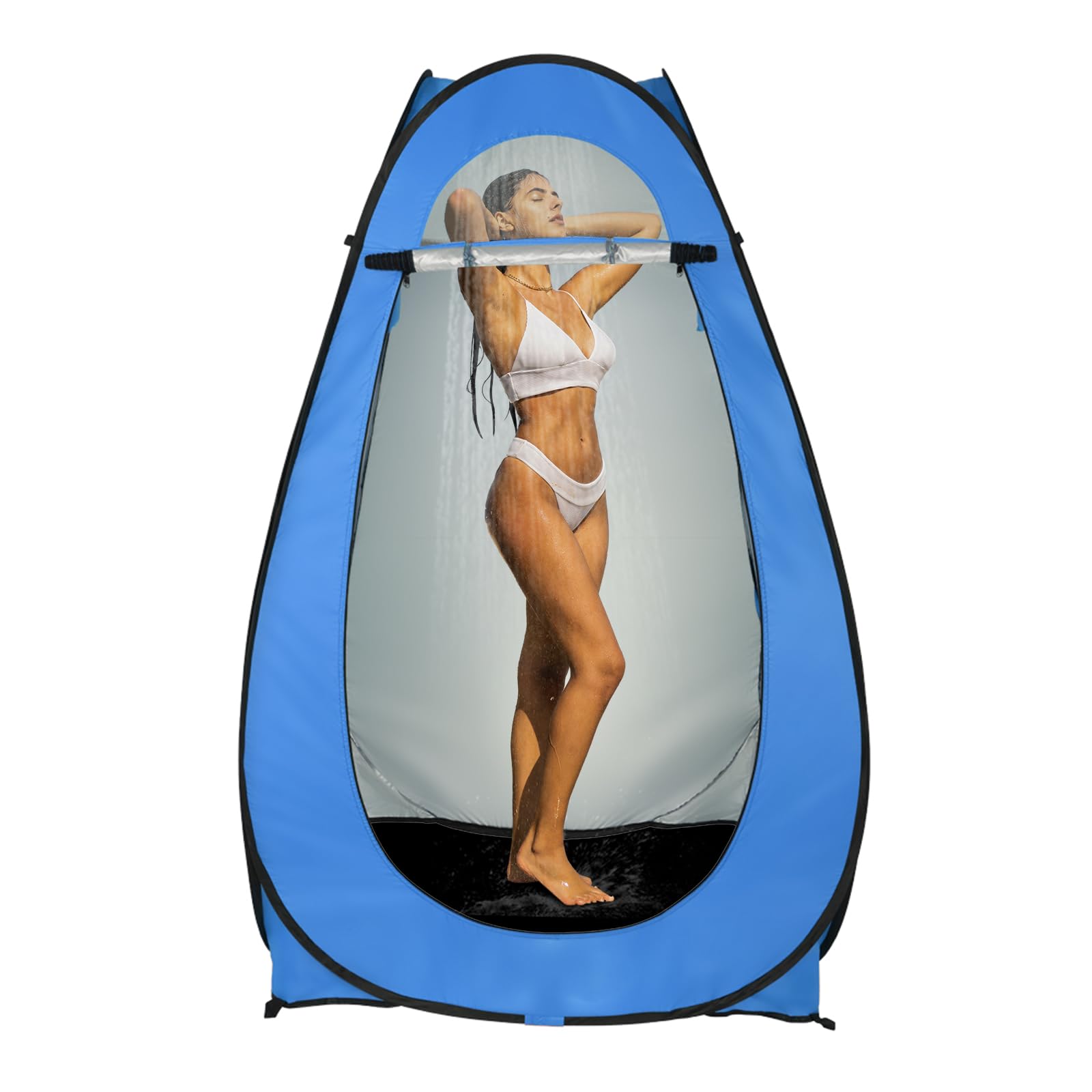 Outvita pop-up shower tent assembled with stakes for stable privacy at a campsite.
