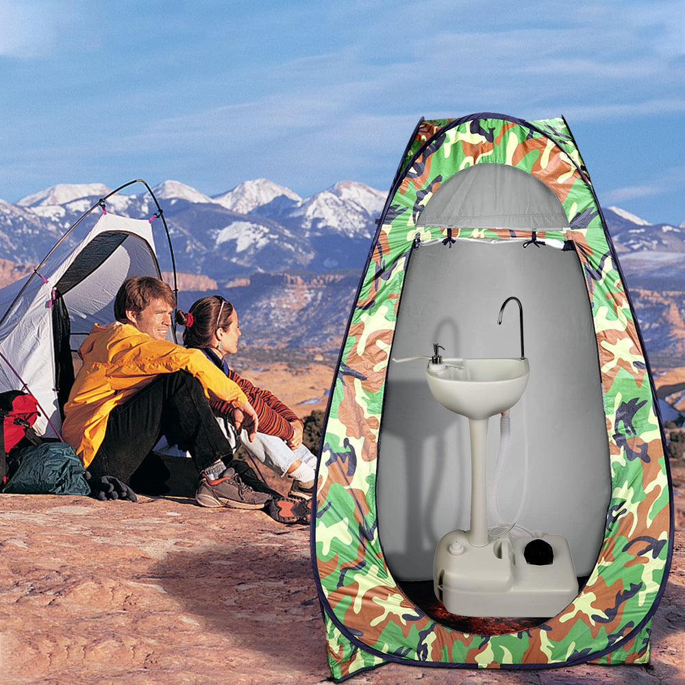 Outvita camouflage pop up tent suitable for camping, beach, and roadside use.