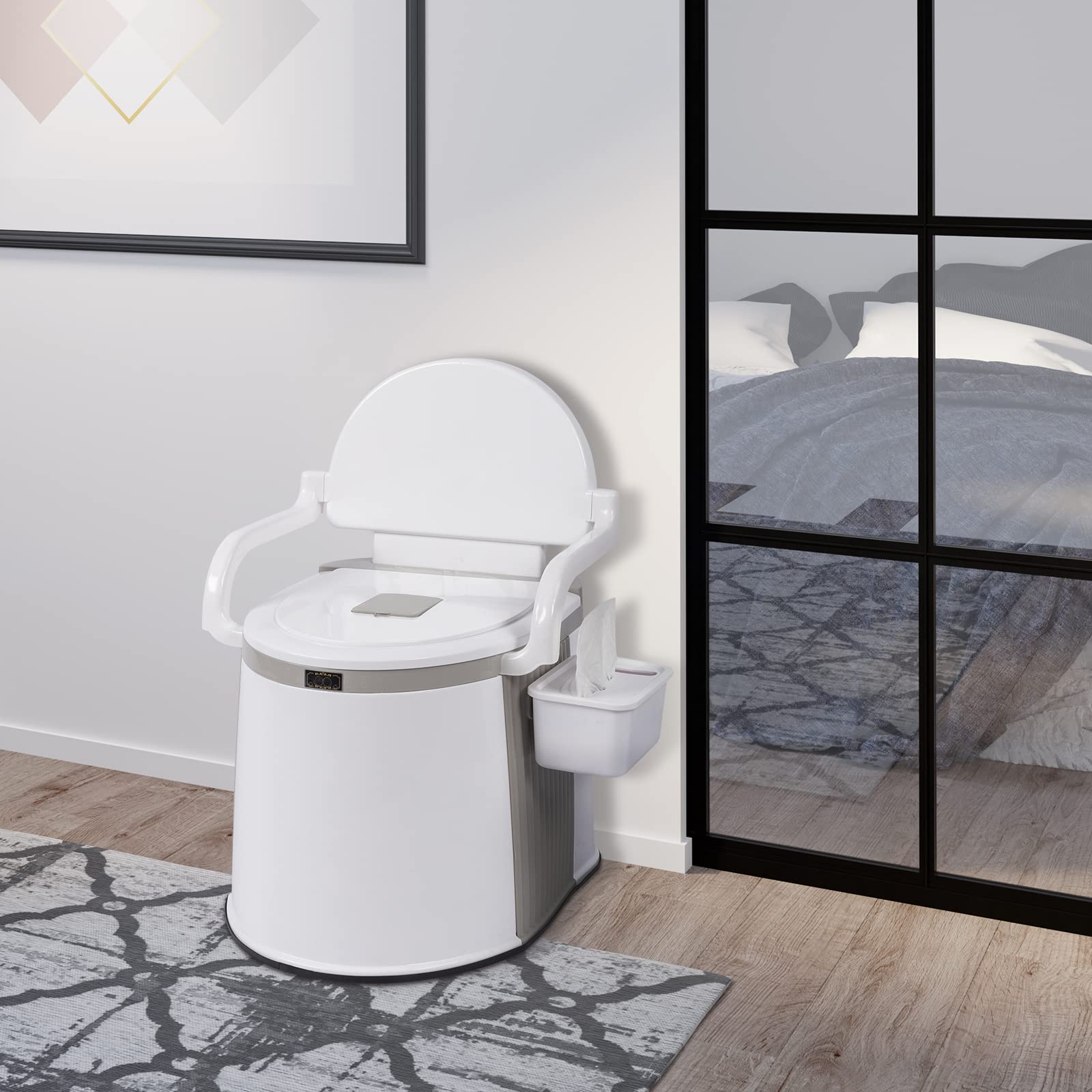 Outvita portable toilet features handrails and backrest for extra support.