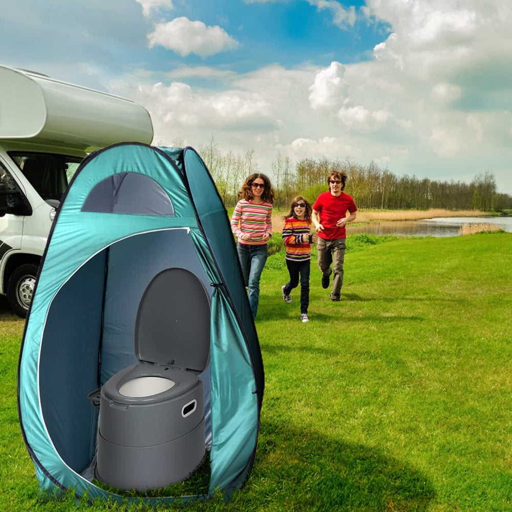 Outvita portable toilet with detachable shelf adapts left or right for convenience.