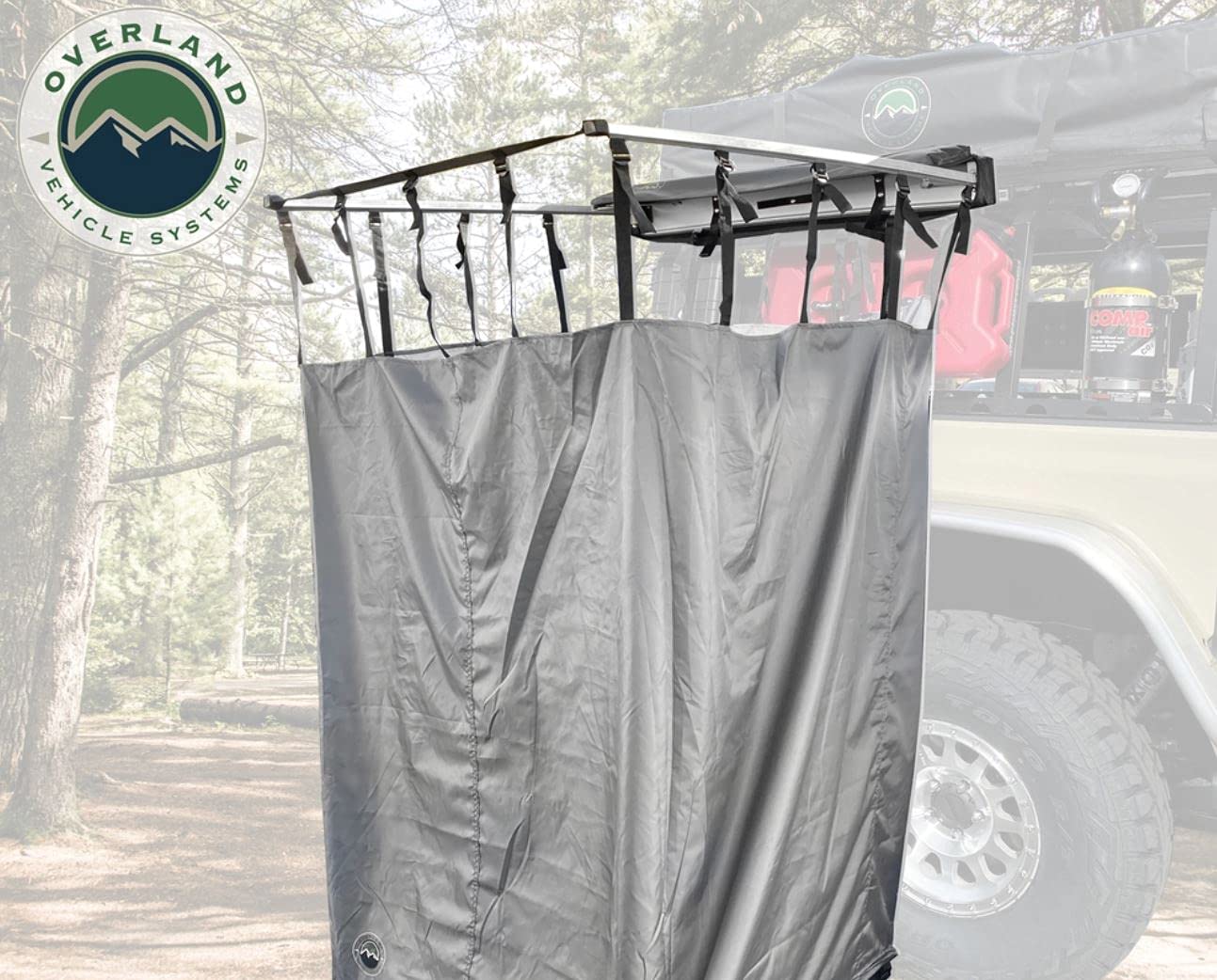Overland Vehicle Systems HD Nomadic Car Side Shower Room assembly image highlights quick deployment.