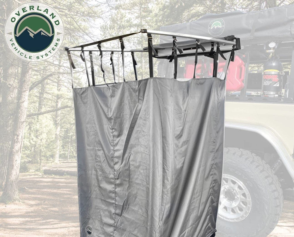 Overland Vehicle Systems HD Nomadic Car Side Shower Room assembly image highlights quick deployment.