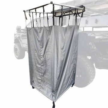 Overland Vehicle Systems HD Nomadic Car Side Shower Room front view shows rugged build for off-road camping setups.