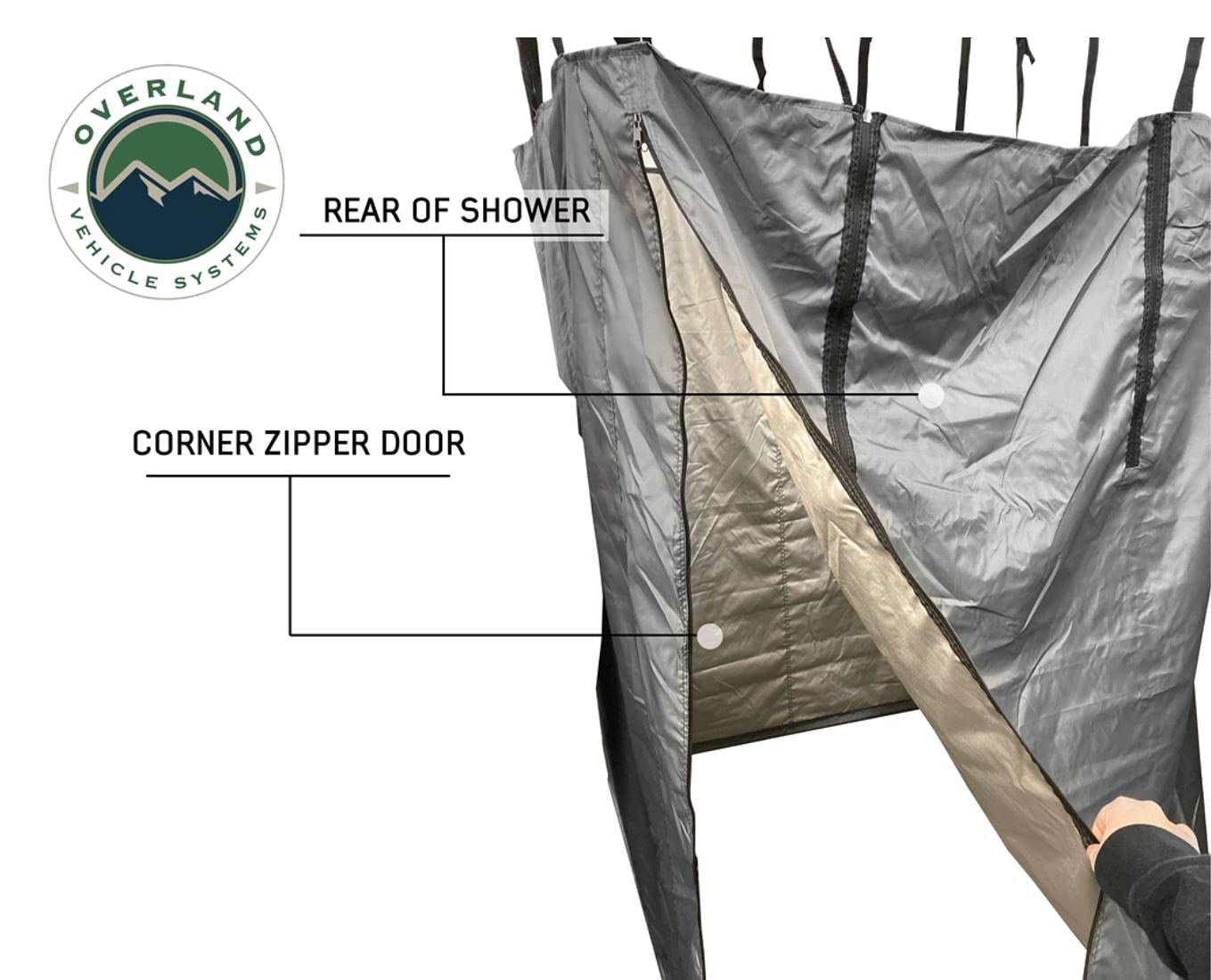 Overland Vehicle Systems HD Nomadic Car Side Shower Room dual-zip entry for convenient access.