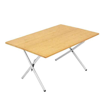 Overland Vehicle Systems Kick It bi-fold table with wood base for durable outdoor dining.