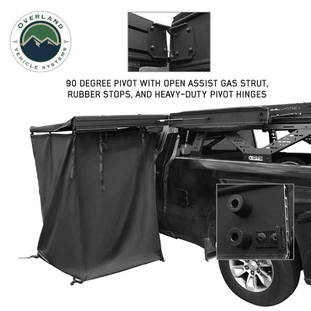 XD Nomadic shower awning aluminum arms with two-stage black powder coat resist corrosion.