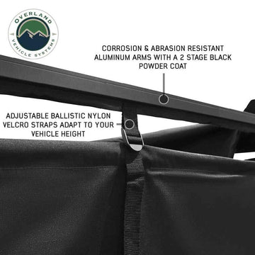Two-stage black powder coated arms of the XD Nomadic shower awning for durability.