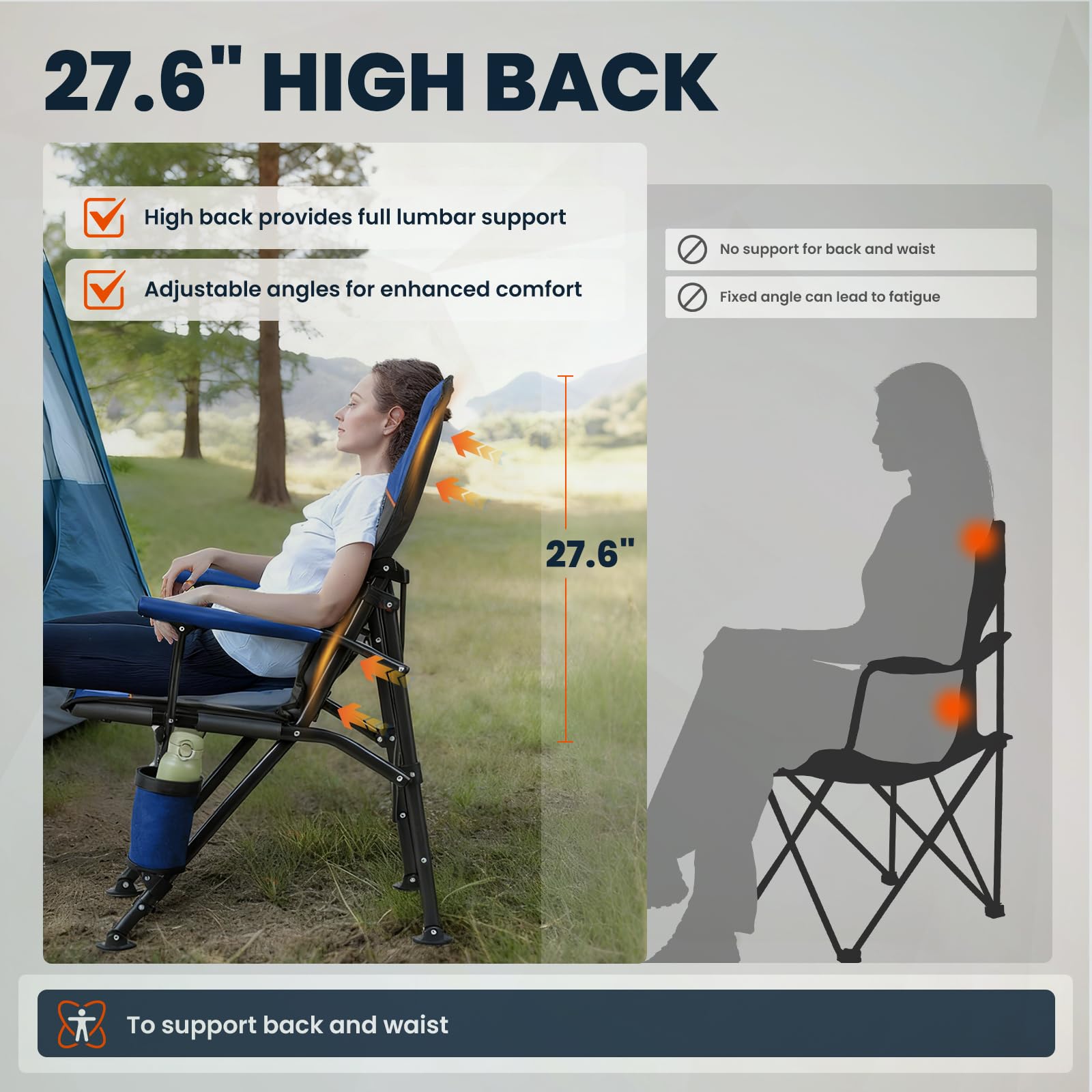 Overmont chair demonstrates 500-pound capacity for versatile body types outdoors.