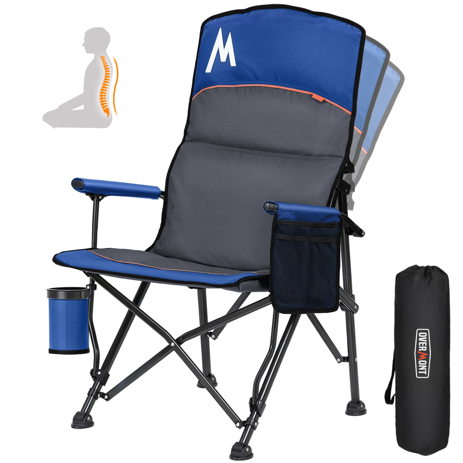 Overmont back-support camping chair with high back for extended outdoor comfort.