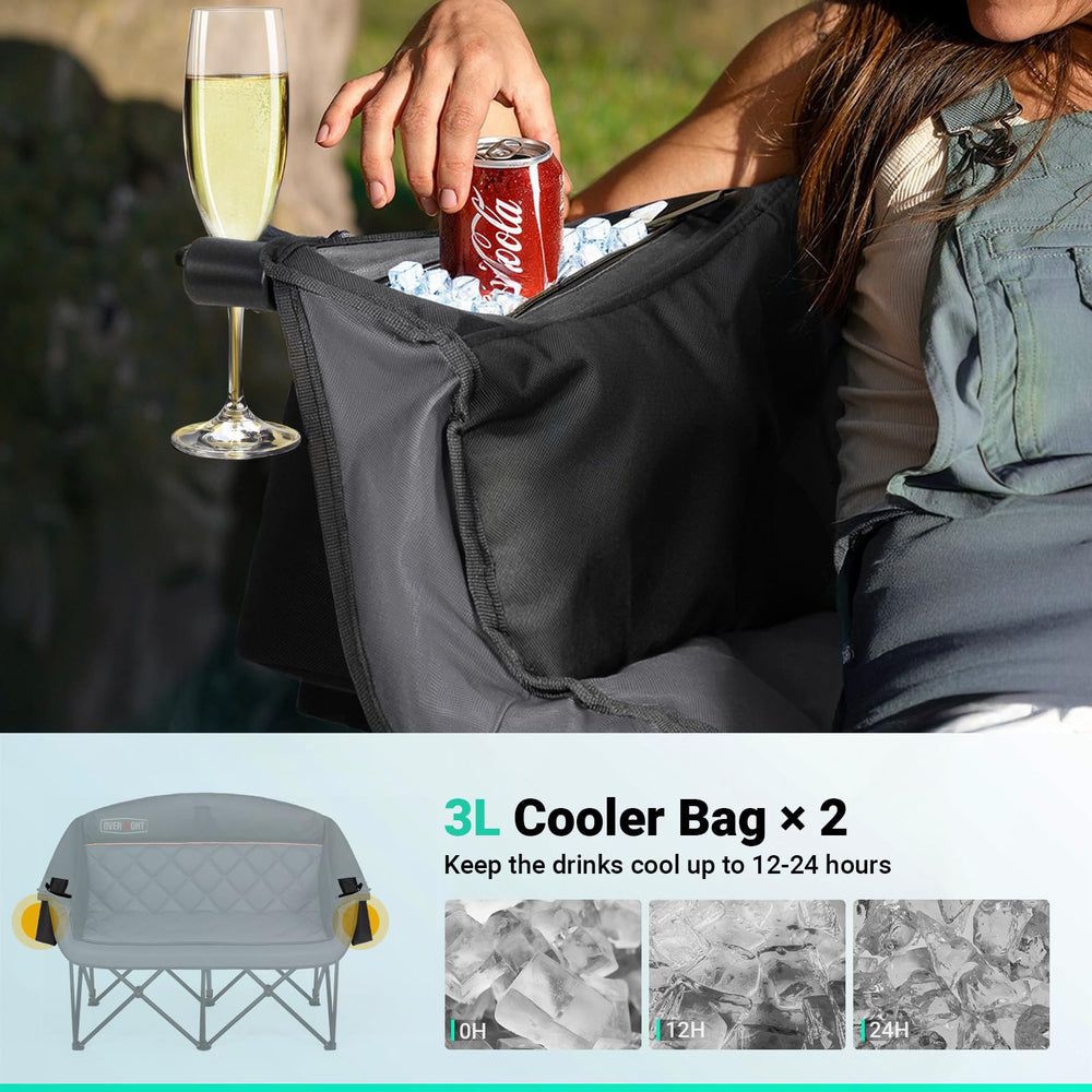 Overmont double camping chair cooling bags in use ensuring cool drinks during outdoor relaxation.