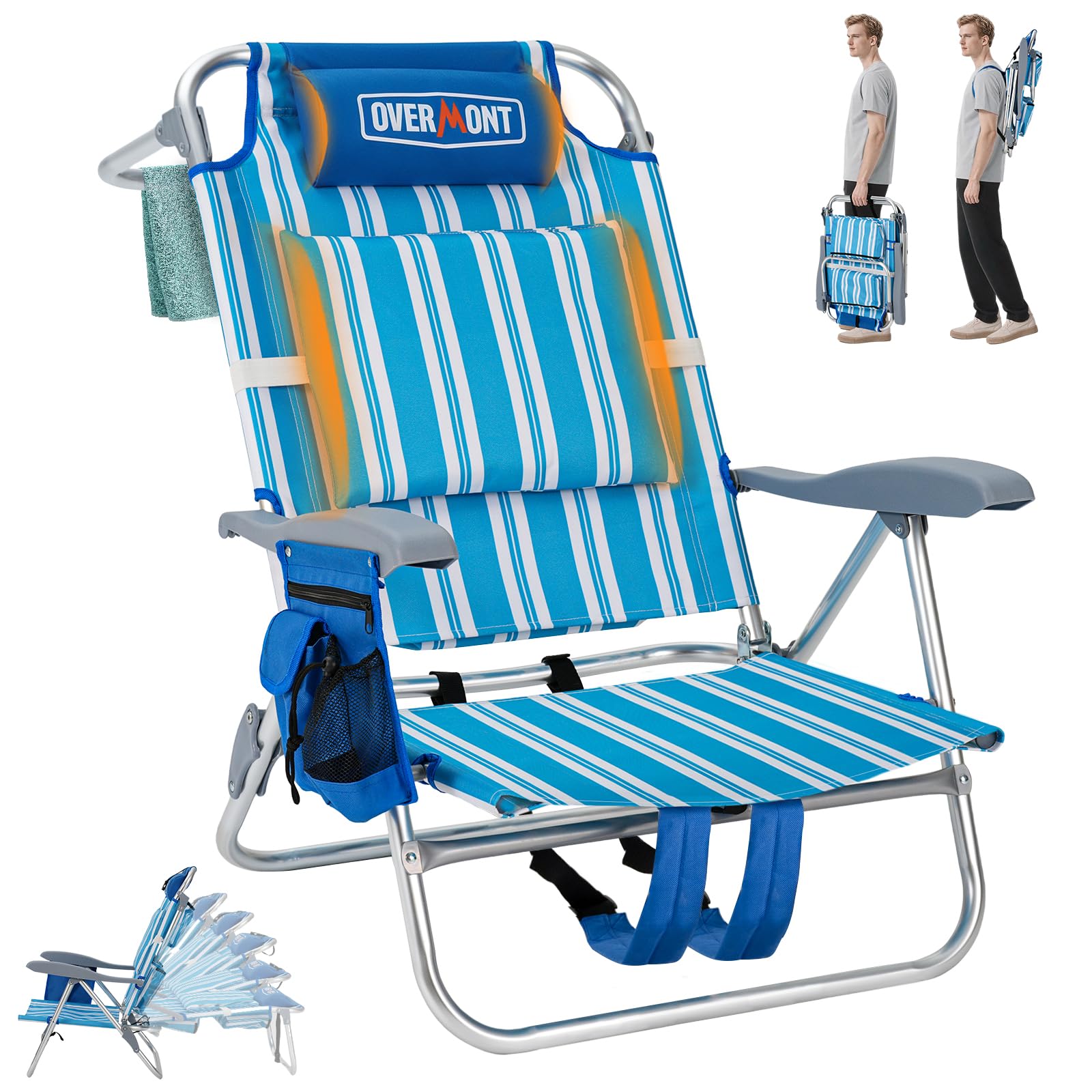Overmont Low Beach Chair shows six-position lay-flat setup for customizable sunbathing.