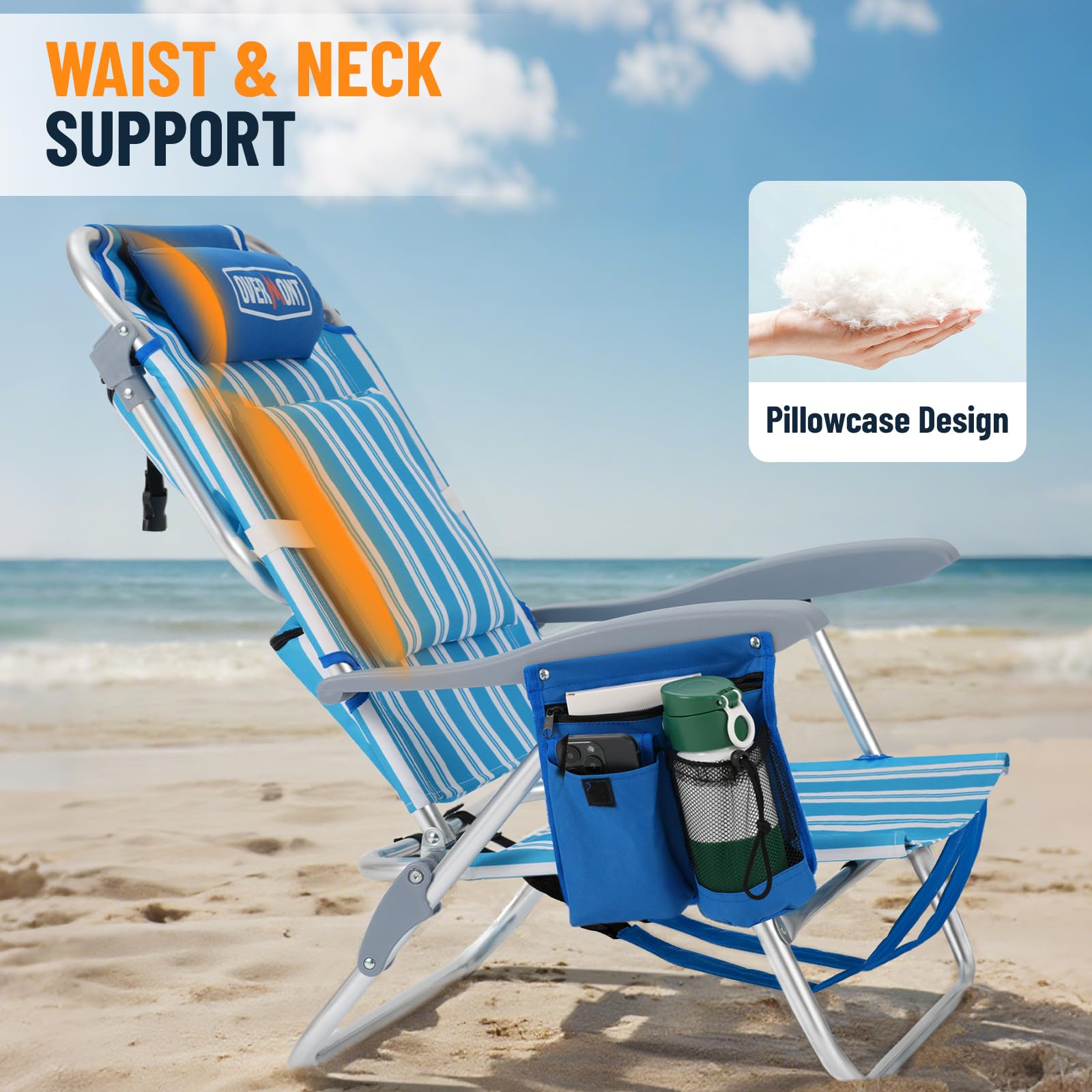 Overmont Low Beach Chair built-in cooler bag keeps drinks chilled within reach.