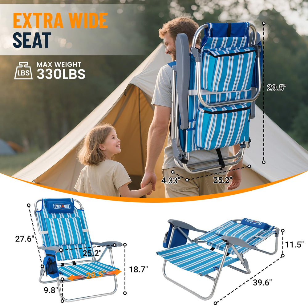 Overmont Low Beach Chair with wide seat and lumbar support for long-lasting comfort.