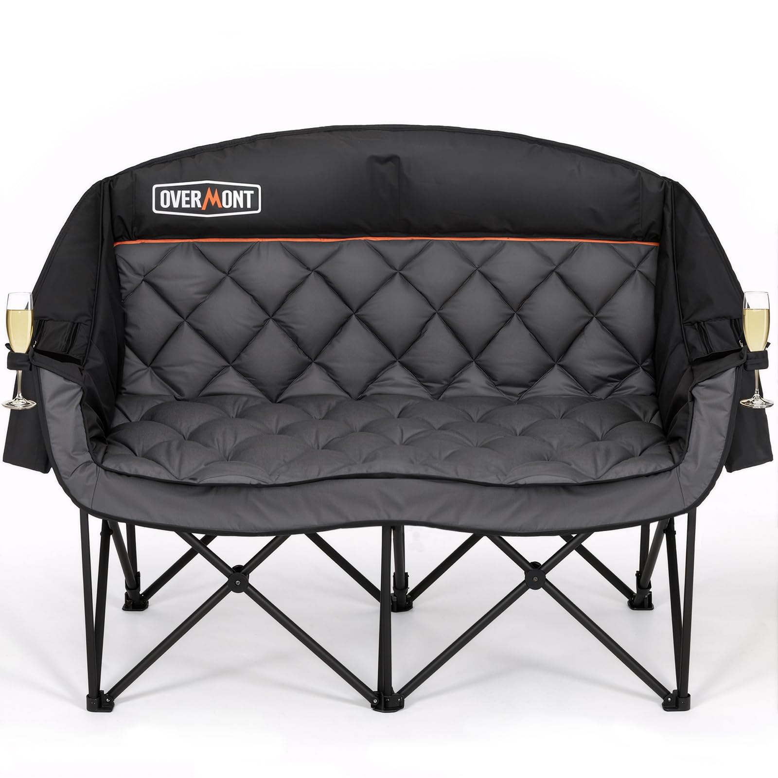Overmont oversized double camping chair front view highlights sturdy frame and plush comfort for two.