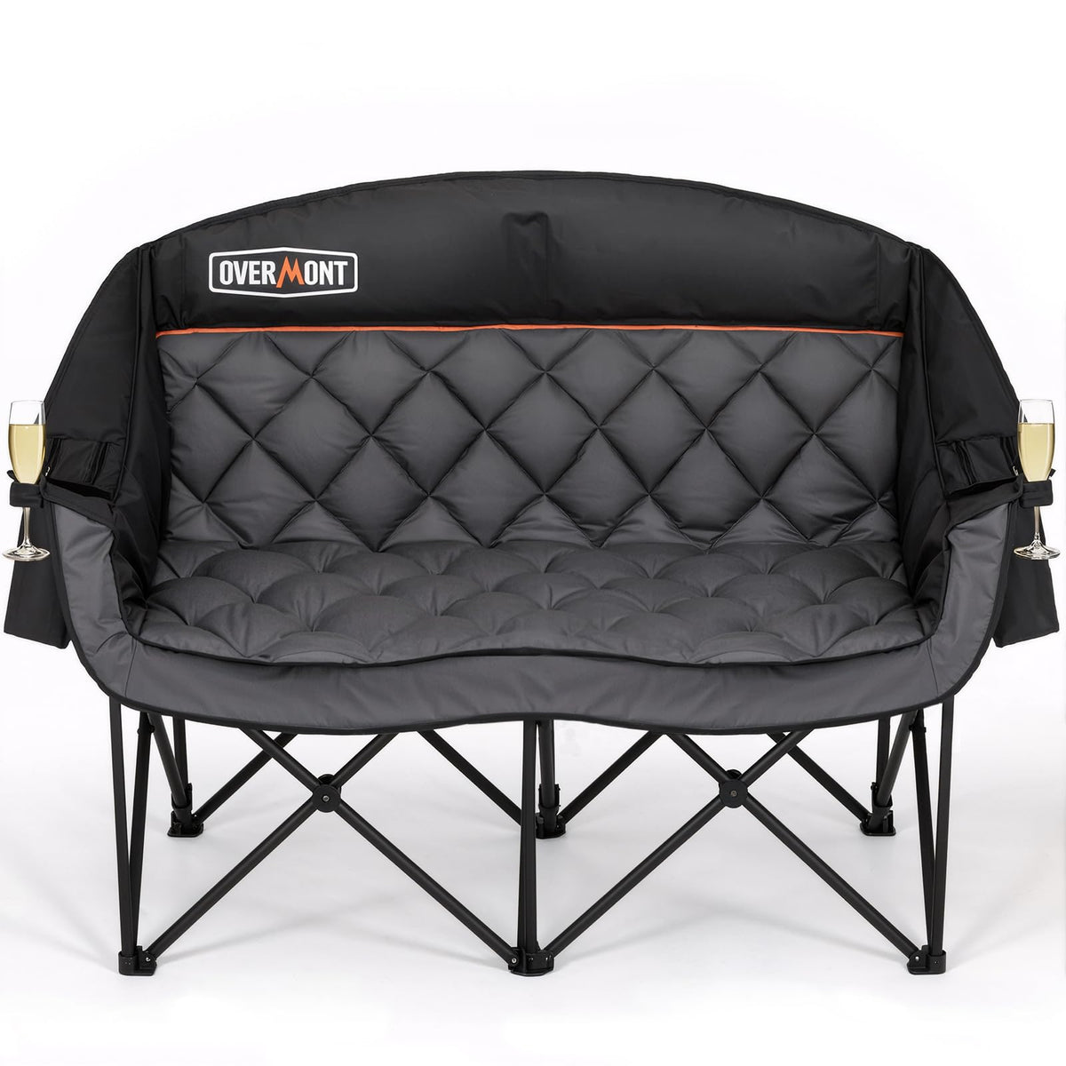 Overmont oversized double camping chair front view highlights sturdy frame and plush comfort for two.