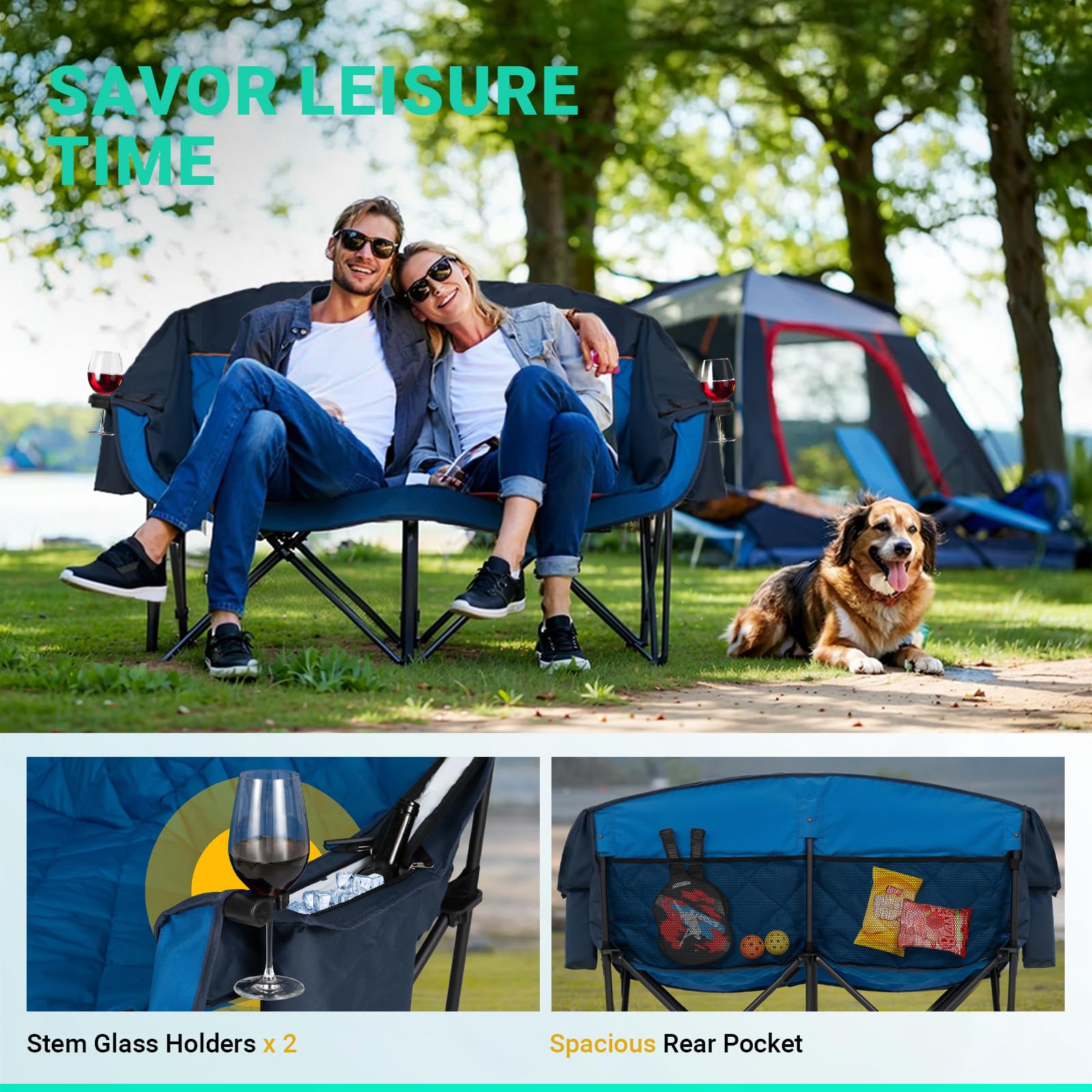 Overmont Oversized Double Camping Chair heavy-duty frame supports up to 850 lbs on rugged terrain