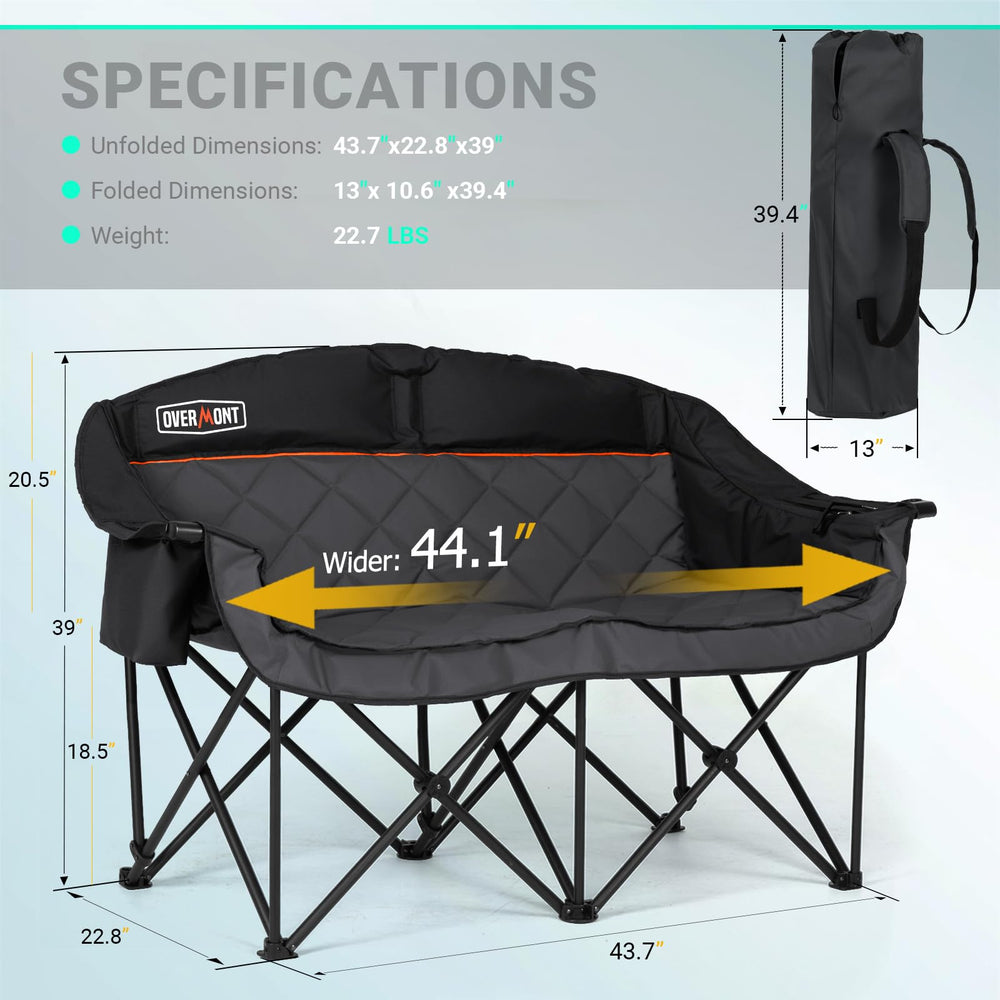 Overmont oversized double camping chair side view shows depth and ergonomic support for relaxed lounging.