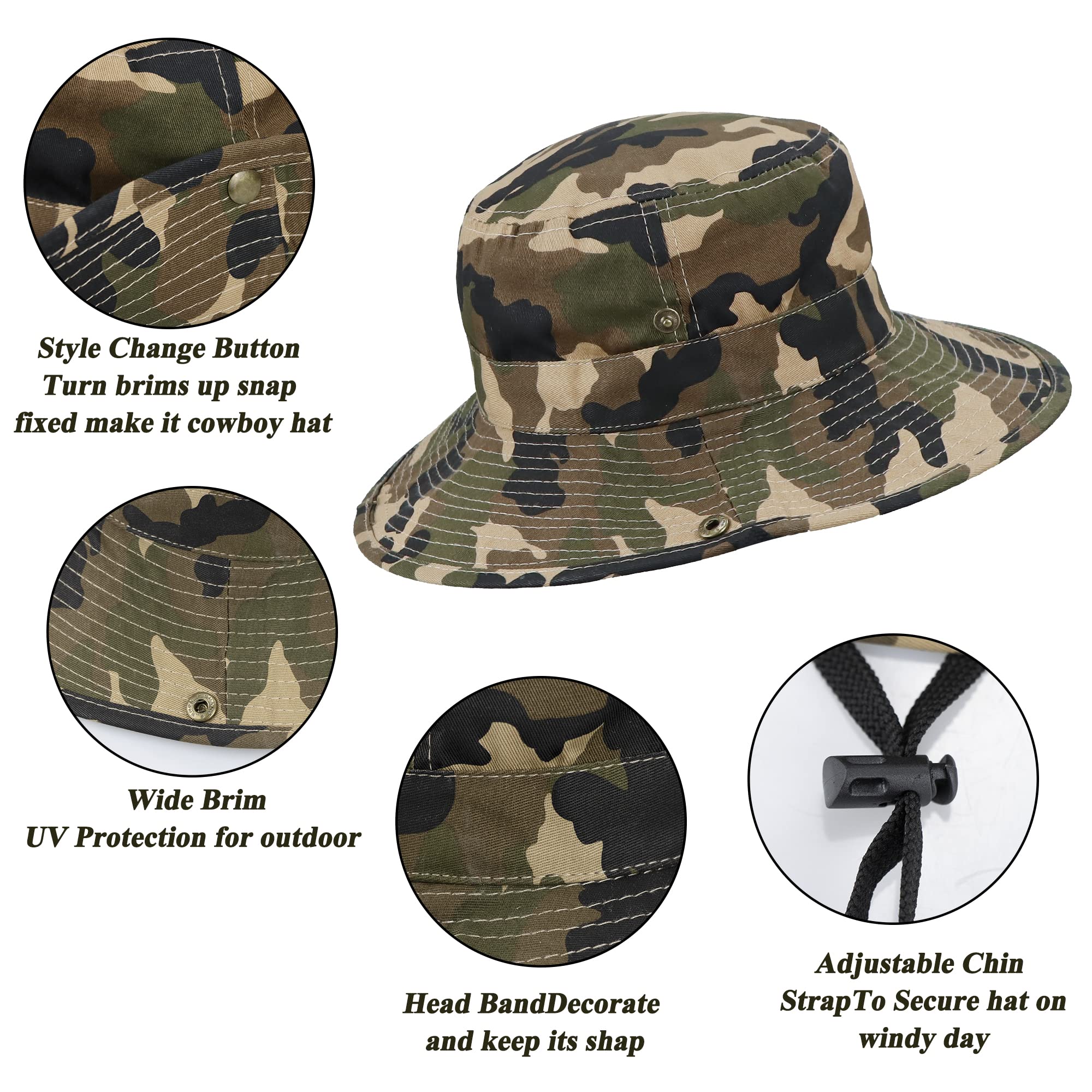 OVOY camo hat with drawcord secures fit on windy days.