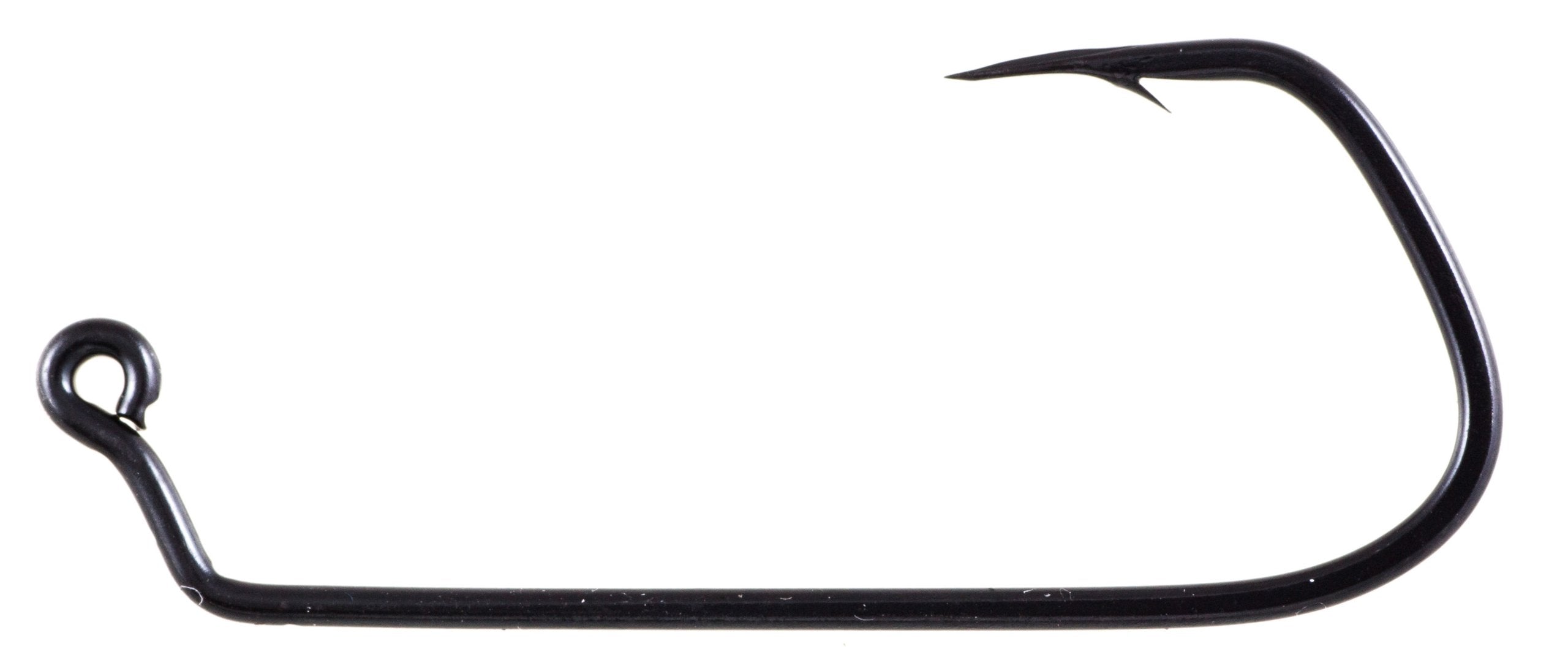 Owner 5304 deep-throat jig hook in black chrome with wide gap for porkrind rigs