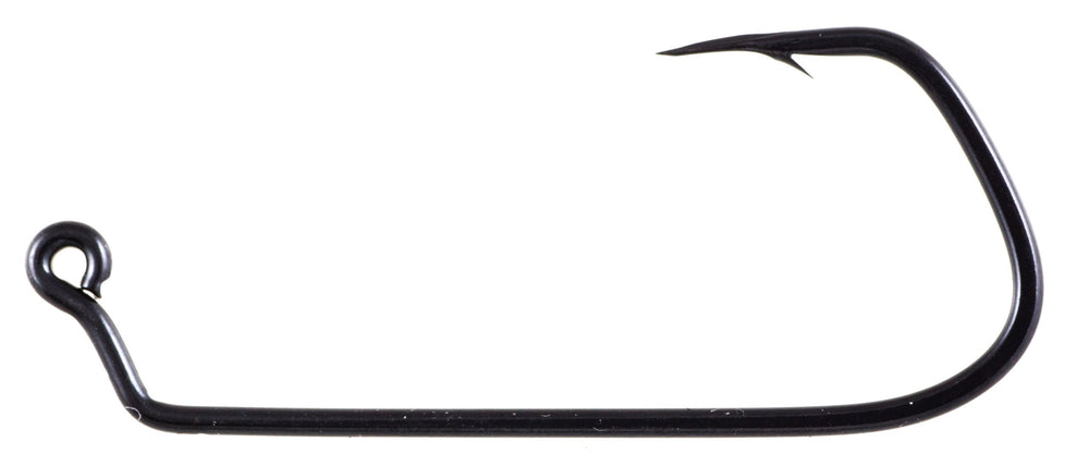 Owner 5304 deep-throat jig hook in black chrome with wide gap for porkrind rigs