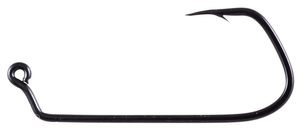 Owner 5304 deep-throat jig hook in black chrome with wide gap for porkrind rigs