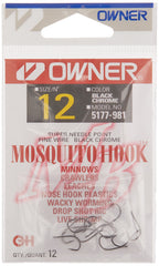 Owner Mosquito Hook close-up shows offset point for reliable nose-hooking and wacky worming setups.