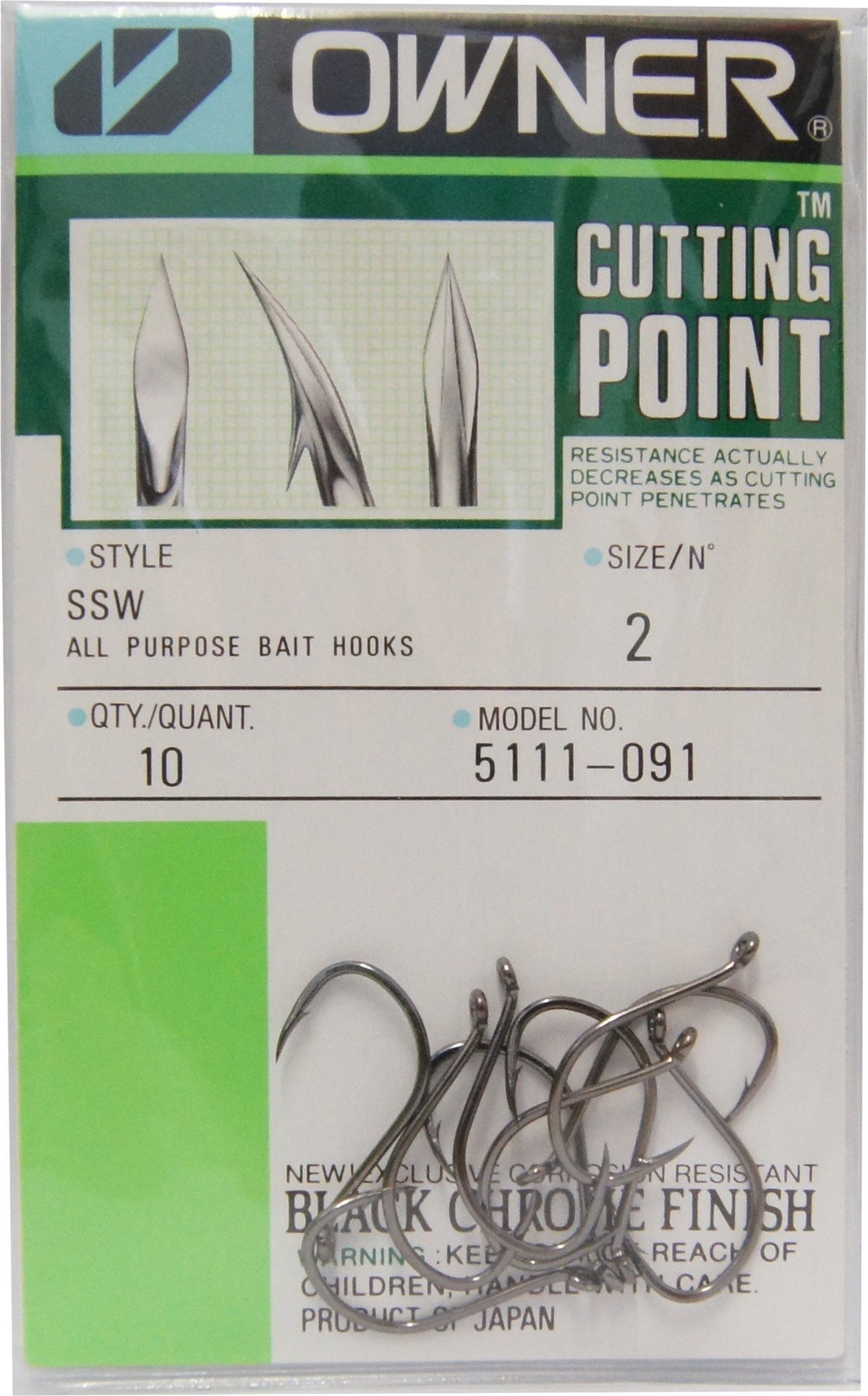 Owner Cutting Point hook Black #2 close-up for saltwater trolling