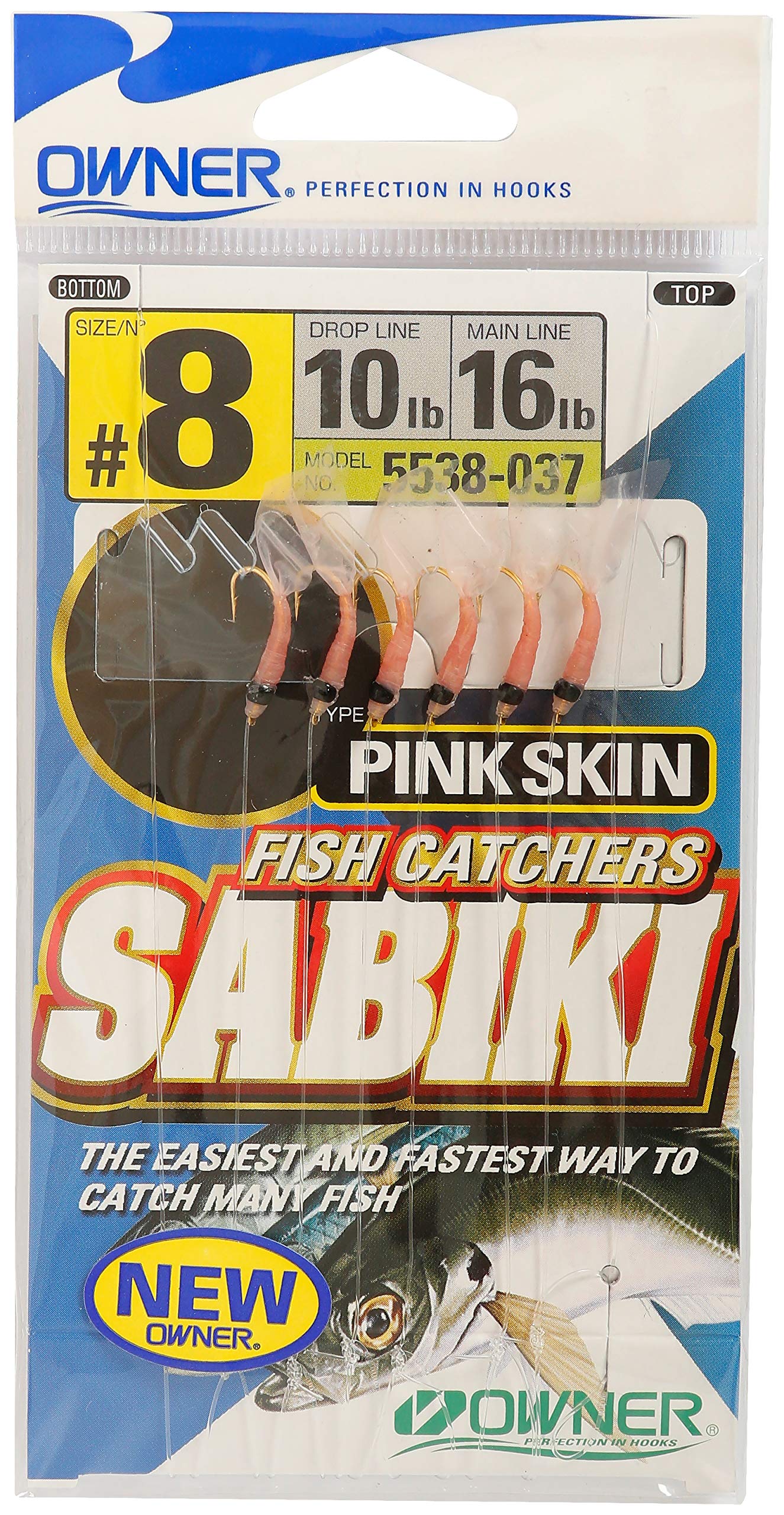 Owner Sabiki shrimp skin 6-hook rig with green glow bead attracts small bait fish.