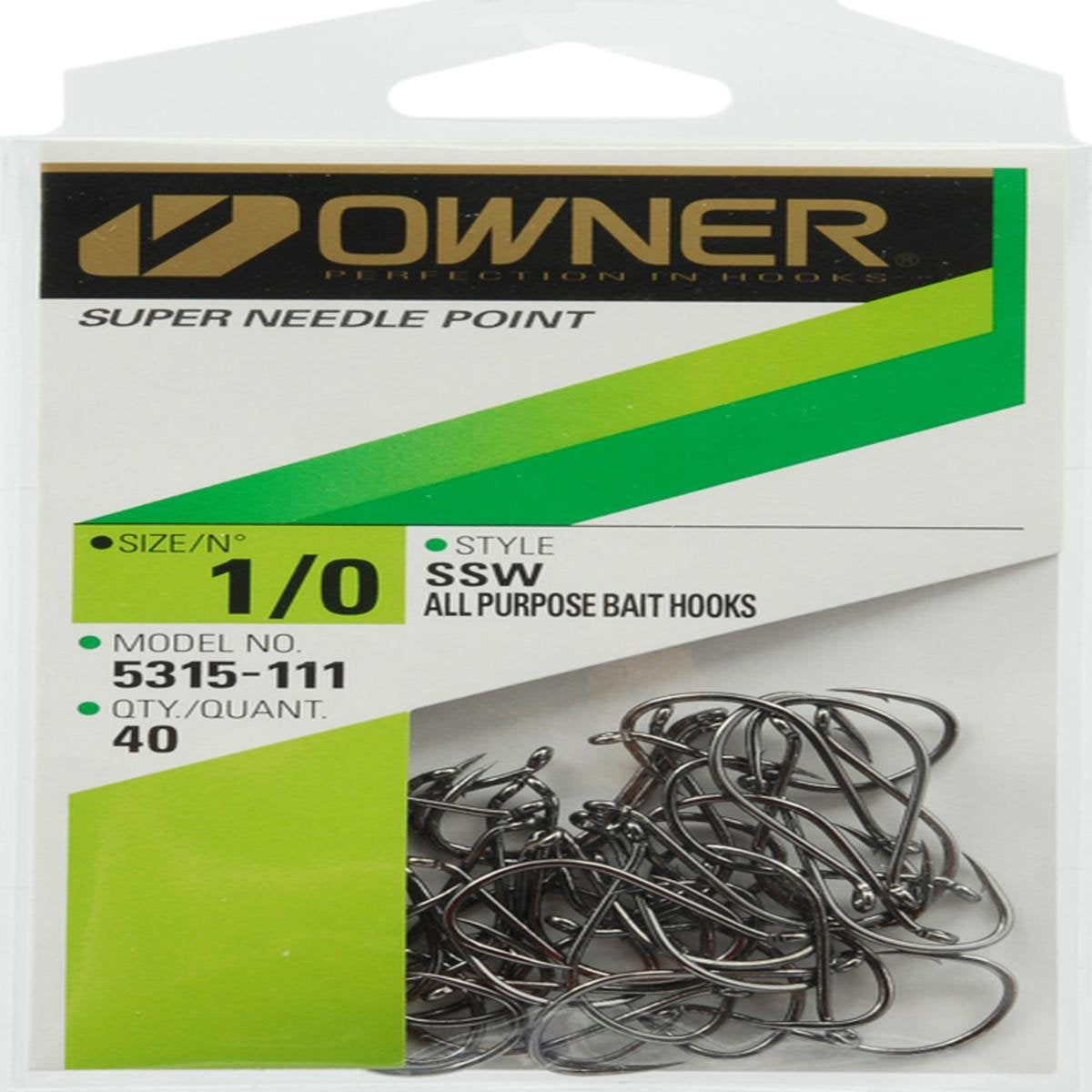 Owner SSW Needle Point Hooks, black 1/0 pro pack, ideal for live bait rigging.