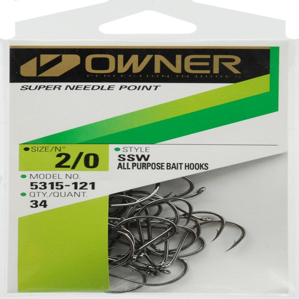 Owner SSW needle point hooks with black finish, ideal for baiting nightcrawlers and minnows for walleye and panfish.