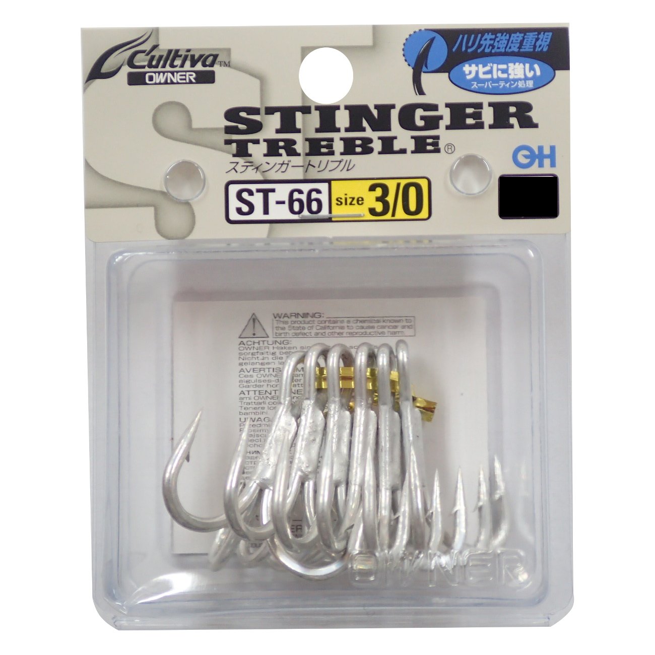 Owner ST-66 triple hook stinger 3/0 ready for big saltwater game fish, secure holds.