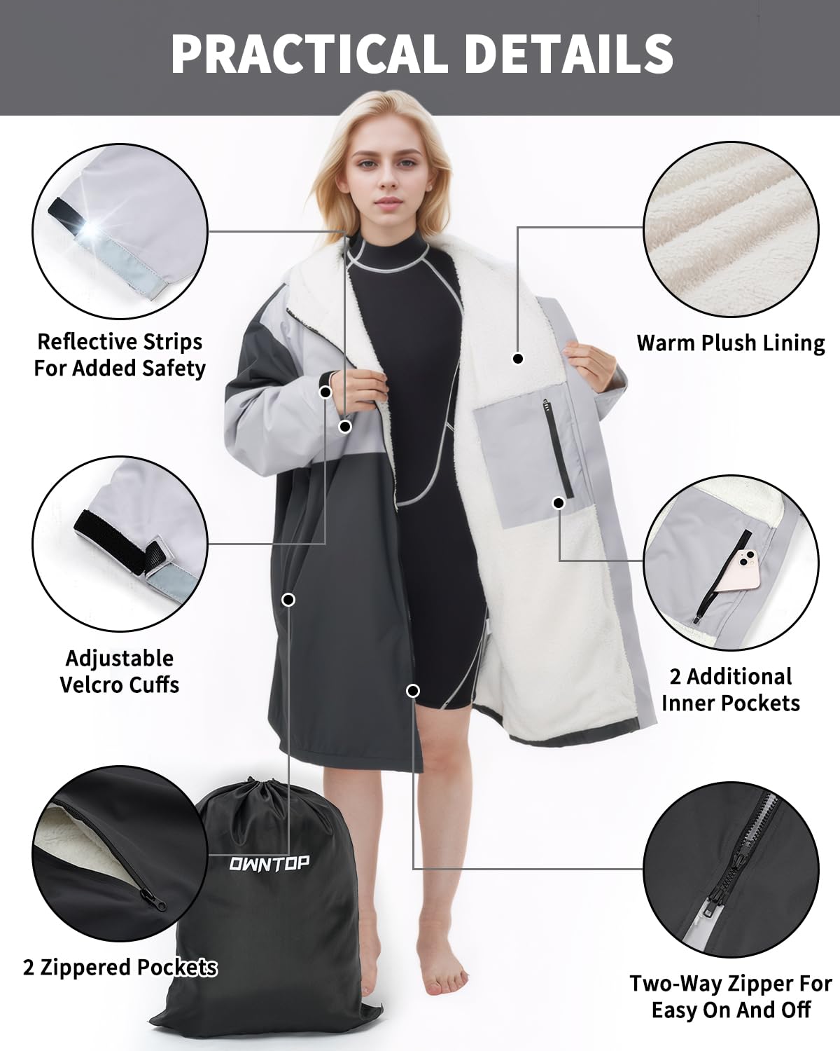Owntop Swim Parka adult reflective strips improve visibility in low light outdoor moments