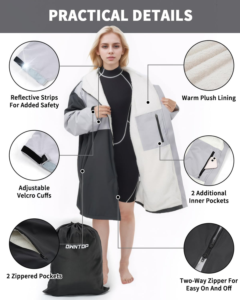 Owntop Swim Parka adult reflective strips improve visibility in low light outdoor moments
