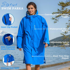 Owntop Swim Parka chest pocket with zipper secures keys during swim sessions.