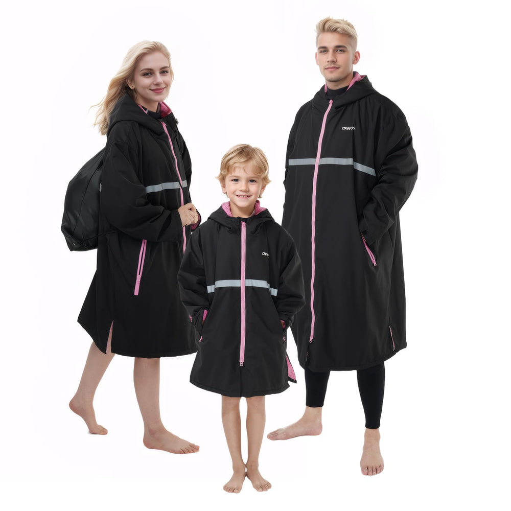 Owntop swim parka front view showing roomy changing space for easy wardrobe swap.
