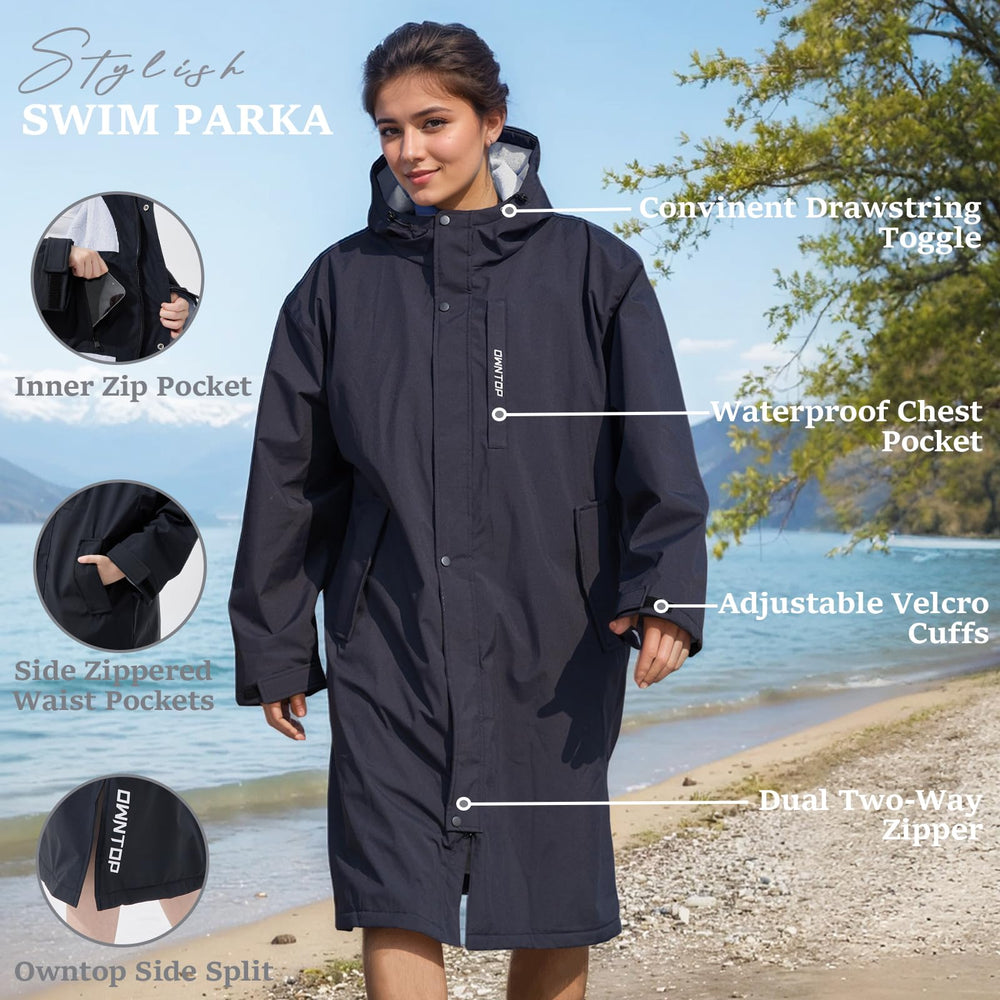 Owntop Swim Parka hood adjustable detail offers versatile protection in windy conditions.