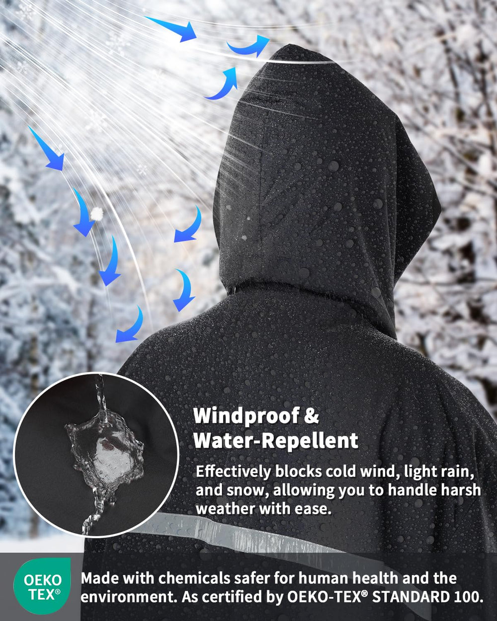 Owntop swim parka hooded with hood closed for wind protection and warmth.
