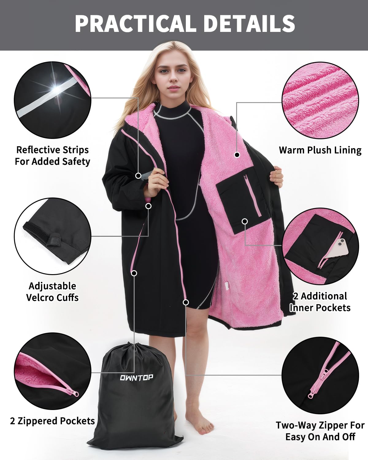 Owntop swim parka reflective strips boost visibility in low light conditions.