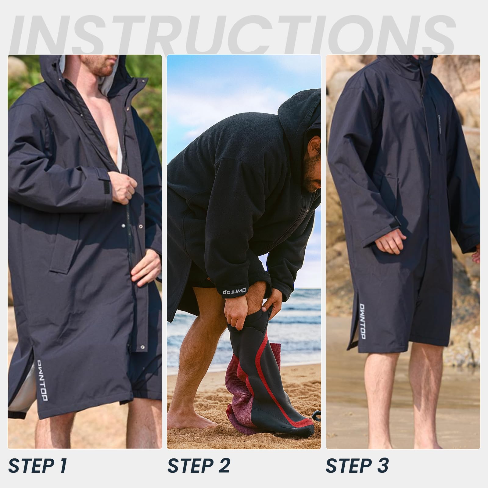 Owntop Swim Parka two-way zipper enables easy on/off without bulk.