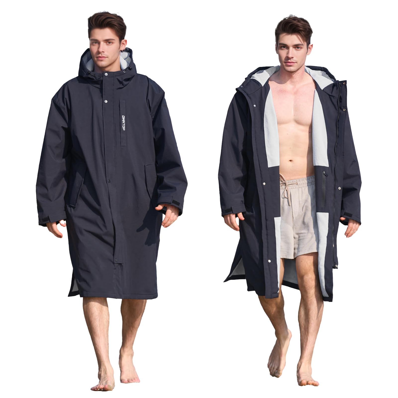 Owntop Swim Parka front view shows windproof shell for outdoor warmth and quick changing.