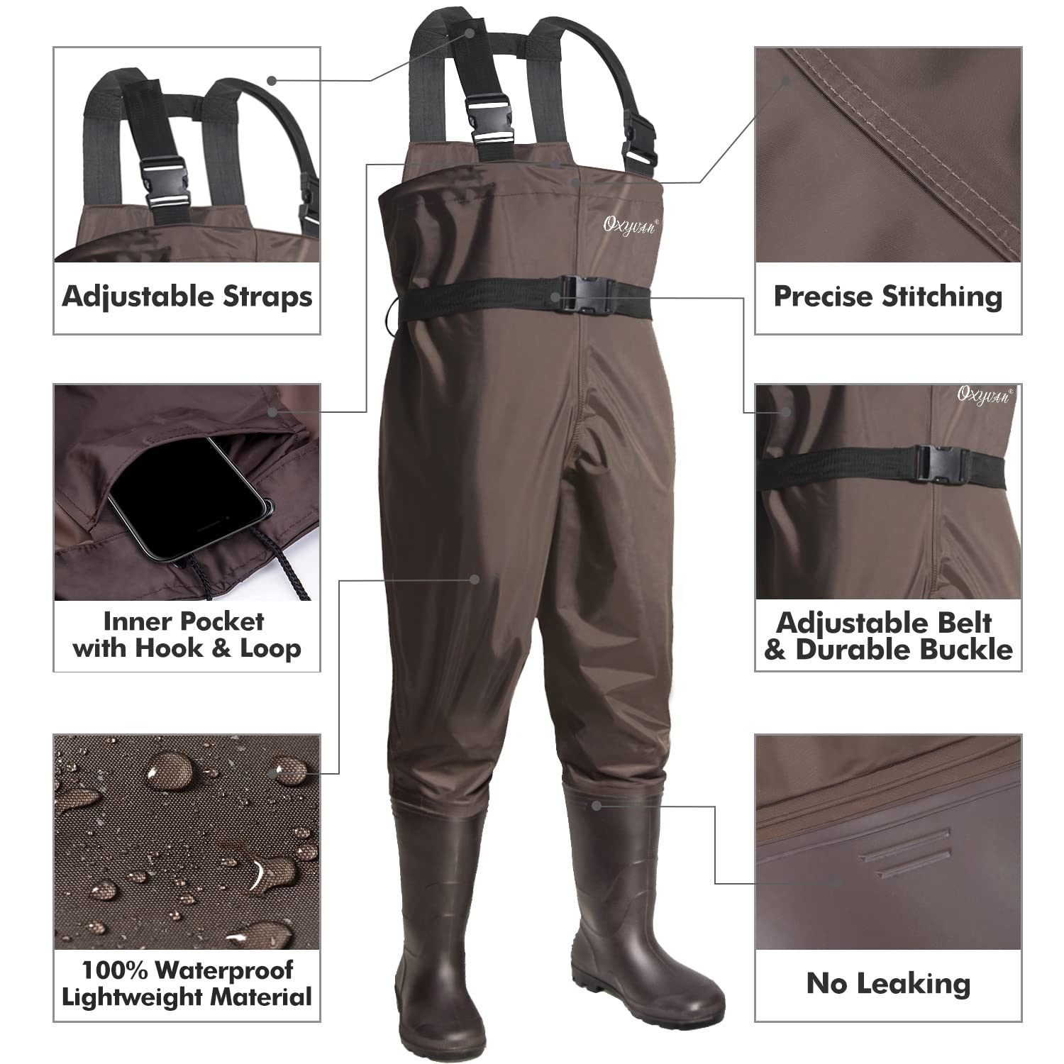 OXYVAN Chest Waders boots on emphasize rugged traction for stable wading in wet terrain.
