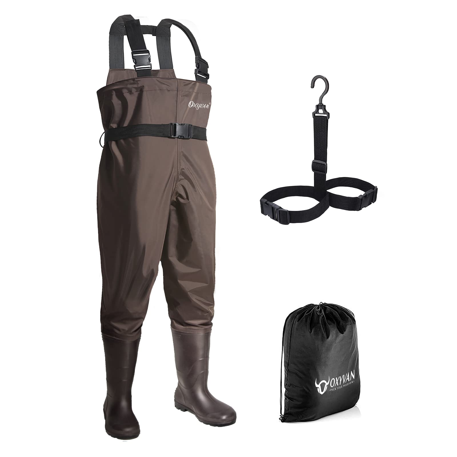 OXYVAN Chest Waders setup shows complete waterproof protection for river fishing and outdoors.