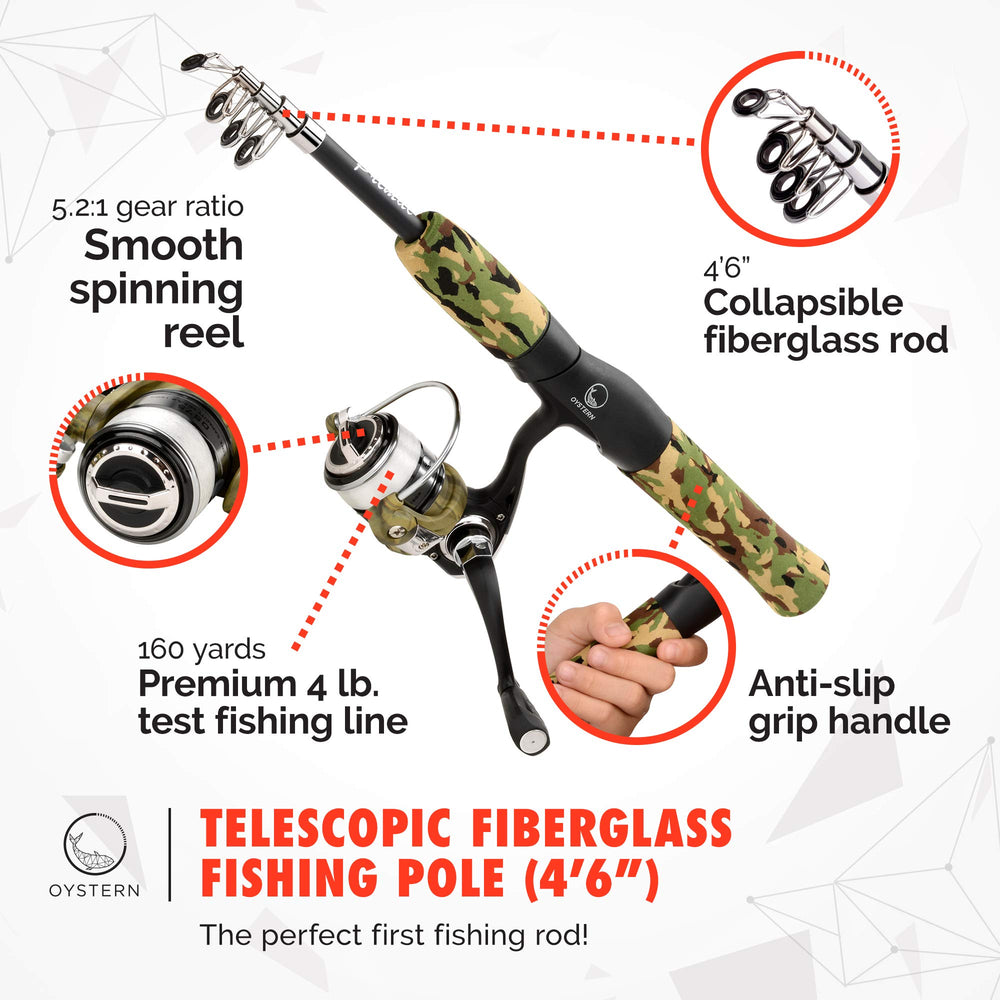 OYSTERN 62-piece tackle kit layout showing diverse lures and hooks for beginners.