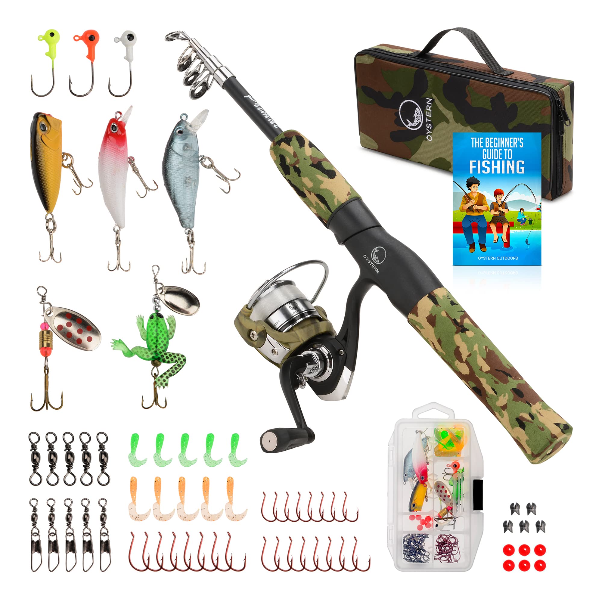 OYSTERN kids fishing pole set with collapsible pole, ideal for portable outdoor adventures.