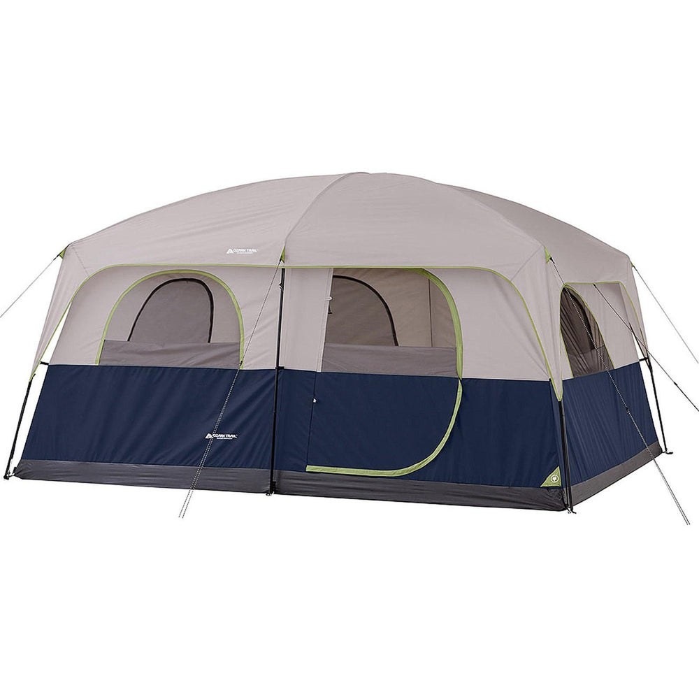 Ozark Trail 10-Person Cabin Tent front view with two-room setup for camping