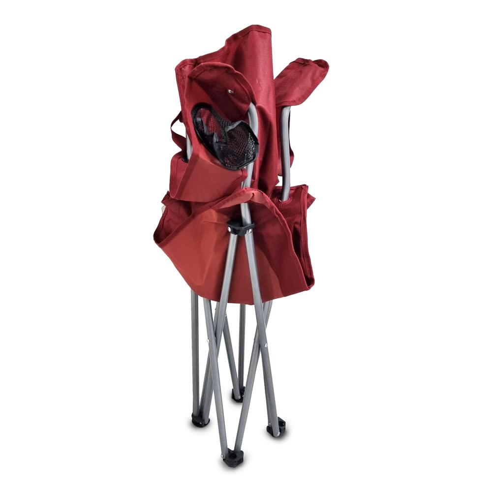 Ozark Trail folding chair red with cup holder in use, outdoor events.