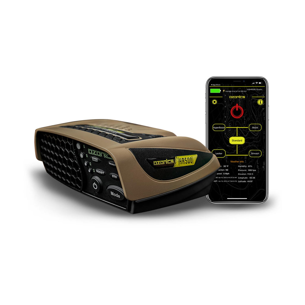 Ozonics HR500 front view highlighting compact design for field scent control.