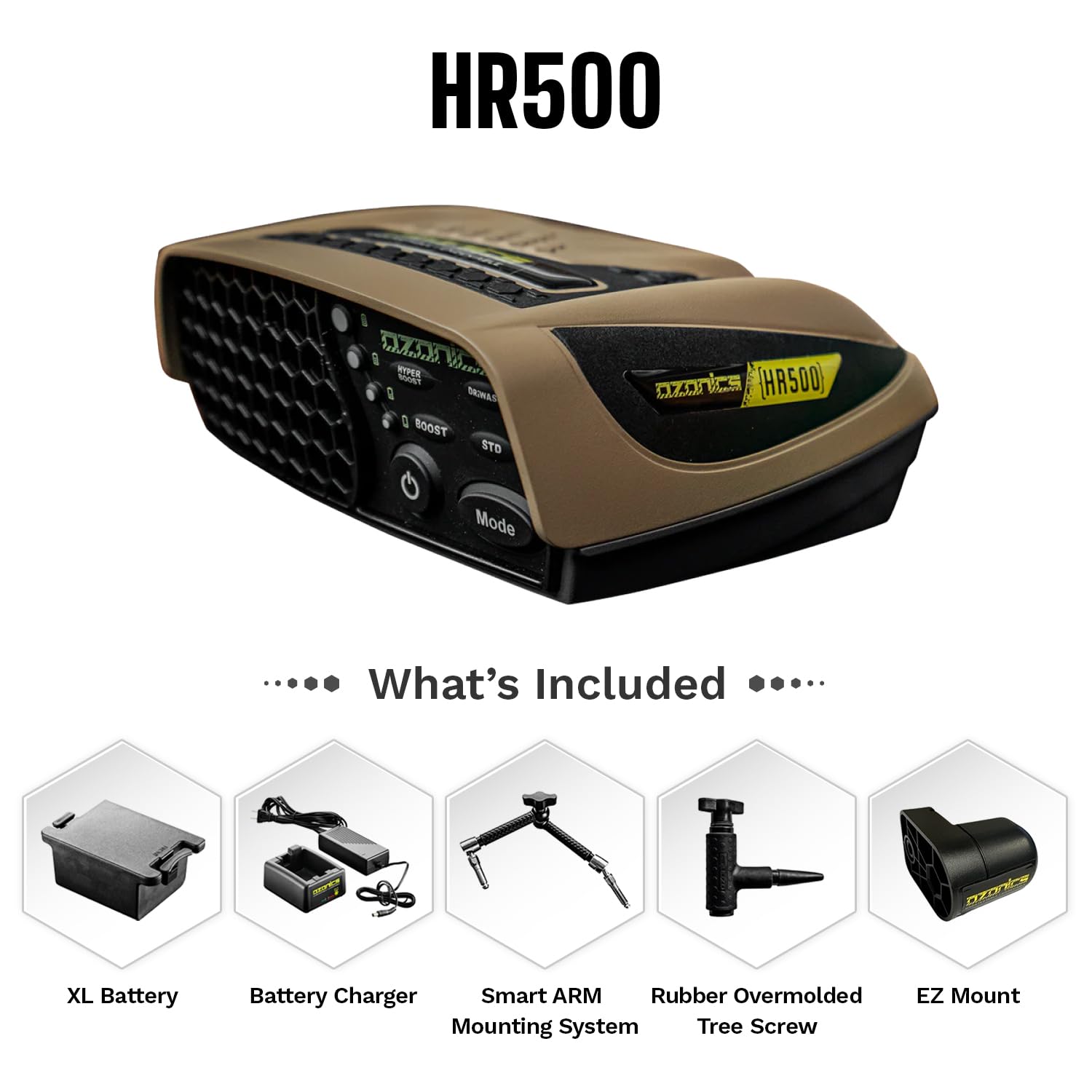 Ozonics HR500 XL battery shown for extended hunting sessions.